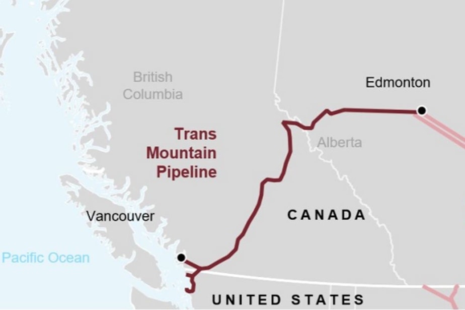 caption: The Trans Mountain Pipeline runs from Alberta to Burnaby, British Columbia, with a side branch that serves refineries in Washington state.