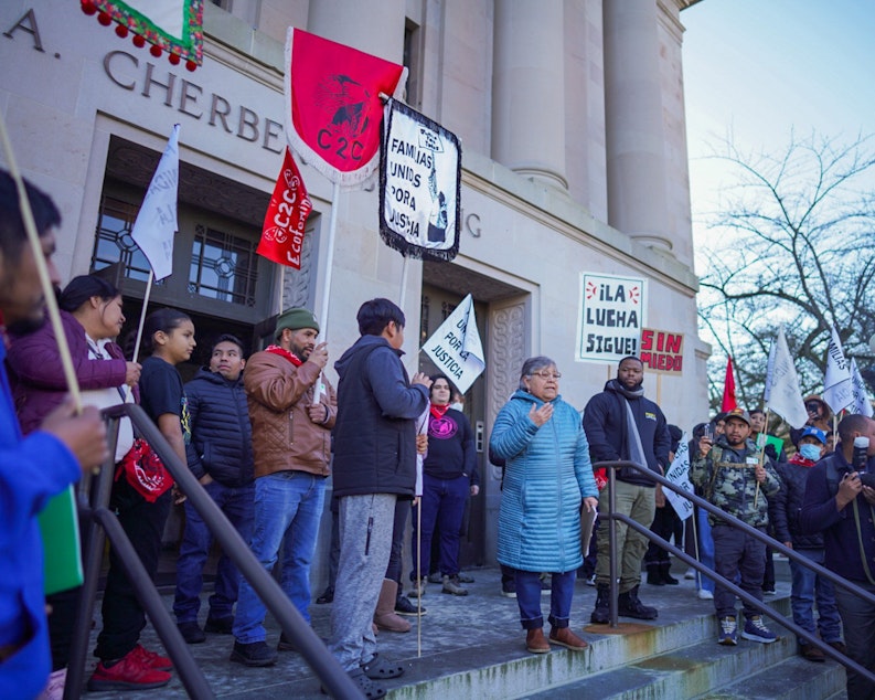 caption: Rosalinda Guillen speaks to a crowd of farmworkers on Jan. 22, 2025. Guillen and others marched to the steps of the John A. Cherberg Building in Olympia. 