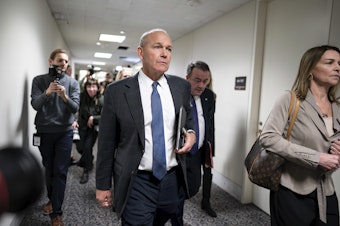 caption: Boeing CEO Dave Calhoun departs after a meeting in the office of Sen. Mark Warner, D-Va., at the Capitol in Washington, Wednesday, Jan. 24, 2024. Part of the Boeing 737 MAX 9 fleet was grounded following a mid-air cabin panel blowout on an Alaska Airlines flight. 