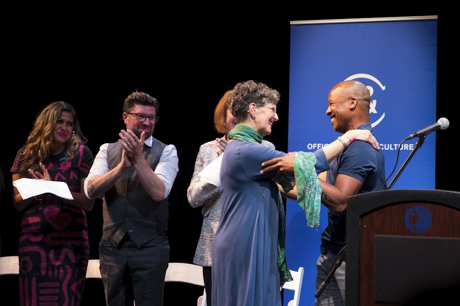 caption: KUOW Arts and Culture reporter Marcie Sillman was recognized by the Seattle Office of Arts and Culture with the Mayor’s Art Award on August 29, 2019. The award celebrates people and organizations that "broaden our horizons and humanize our city and our world." The award recognizes Marcie's decades of work covering the arts and expanding dialogue in our community.