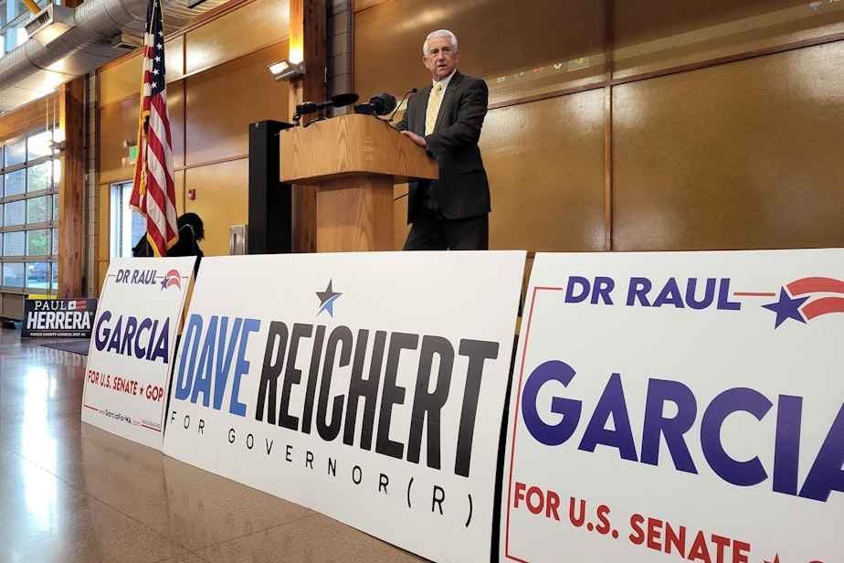 caption: Republican candidate for governor, Dave Reichert, speaks at a primary election night party Aug. 6, 2024. 