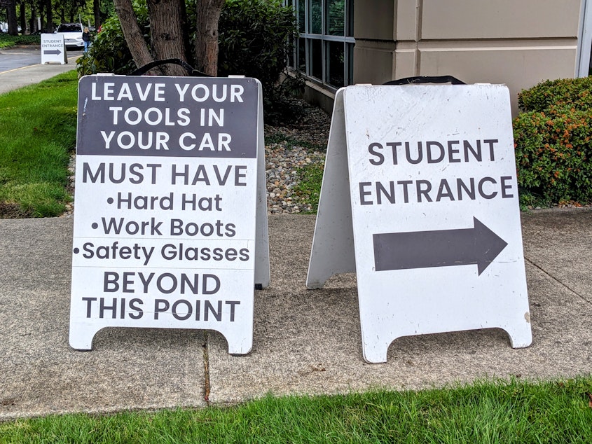 caption: Signs usher apprentices into the Northwest Carpenters Institute.