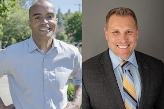 caption: Nick Brown, left, and Pete Serrano, right, are running to be Washington State's next Attorney General. They are on opposing sides in lawsuits challenging recent gun laws banning sales of assault weapons and high-capacity magazines.