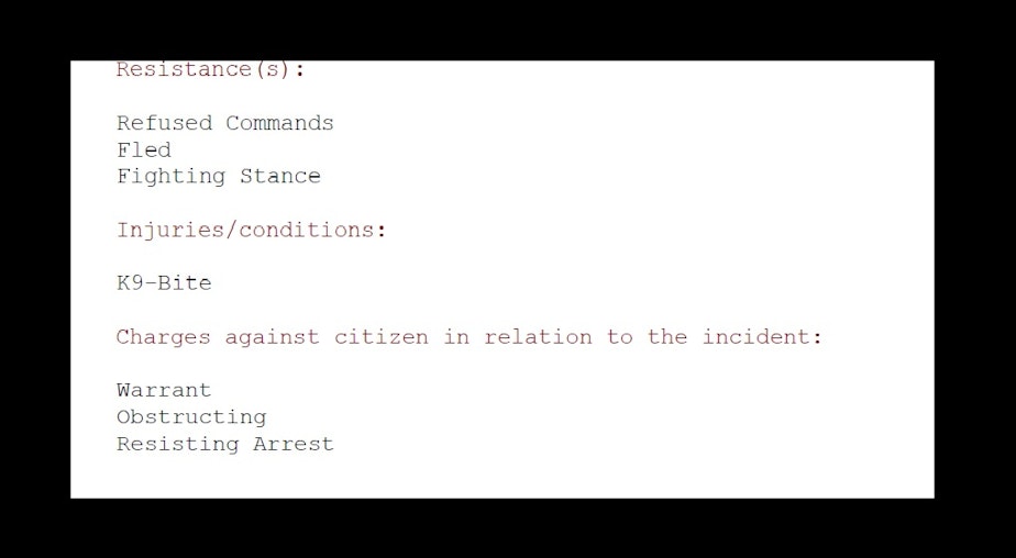 caption: A snippet from a use of force report that Officer Jeffrey Nelson after his police dog Koen bit William Faas after Faas walked away from Nelson in Auburn, Washington.