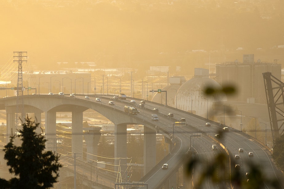 caption: In this file photo, morning commute traffic is shown on the West Seattle Bridge on Monday, September 19, 2022 in Seattle.