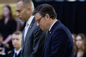 caption: House Democratic Leader Hakeem Jeffries and Speaker of the House Mike Johnson are seen here attending a congressional tribute in the rotunda of the U.S. Capitol for retired Army Col. Ralph Puckett Jr. on April 29.