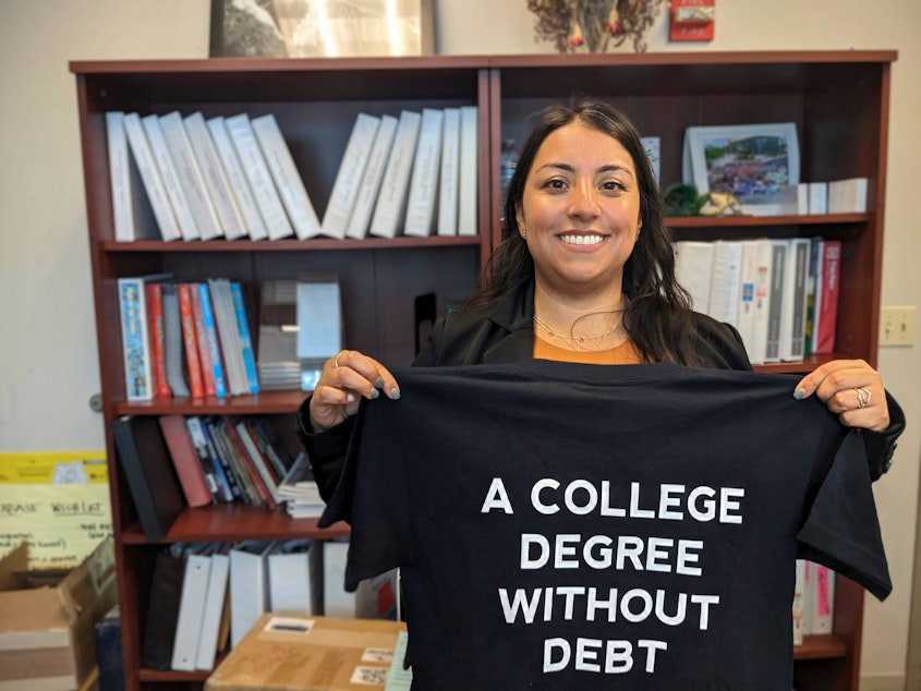 caption: Marianna Talbott recruits apprentices to the Northwest Carpenters Institute with the promise of a debt-free career path.