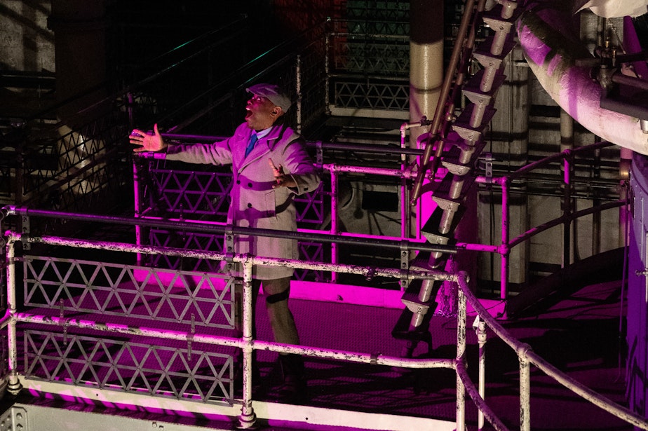 caption: Actor Ronnie Hill in "Ghosts of Nebula" at the Georgetown Steam Plant in October 2024.