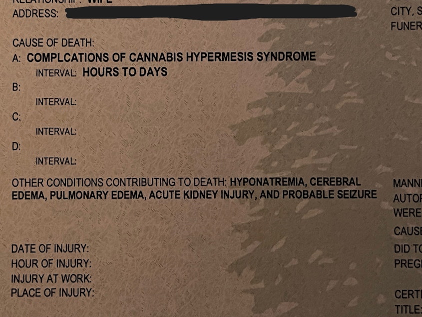 caption: A detail shot of Brandon Danielson's 2019 death certificate lists his cause of death complications from CHS. 