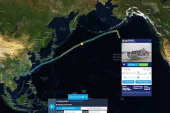 caption: The yellow dot approximates the spot where the Dyros spilled 90 shipping containers destined for the Port of Seattle.   