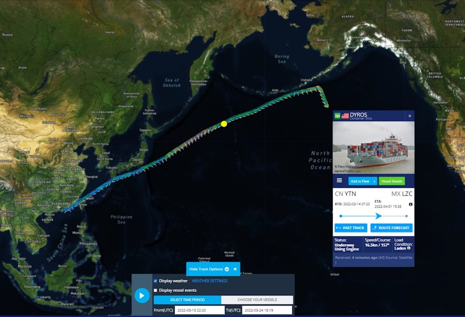 caption: The yellow dot approximates the spot where the Dyros spilled 90 shipping containers destined for the Port of Seattle.   