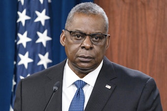 caption: Secretary of Defense Lloyd Austin speaks during a media briefing at the Pentagon on Jan. 28, 2022.