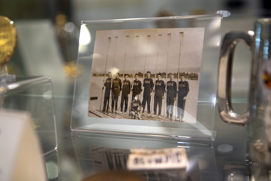 caption: A photograph of the University of Washington rowing team that won gold in the 1936 Olympic Games in Berlin is shown on Monday, August 26, 2024, at Conibear Shellhouse on the University of Washington campus in Seattle. 