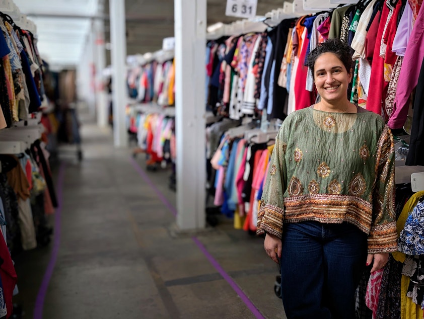 caption: Armoire Chief Operating Officer Shefali McDermott models a blouse that was upcycled from a sari.