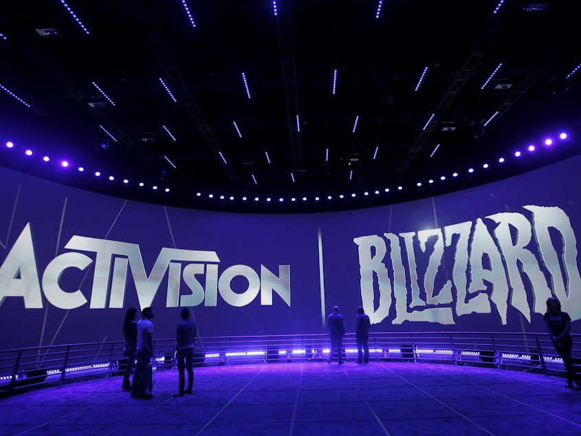 caption: The Activision Blizzard Booth during the Electronic Entertainment Expo in Los Angeles on June 13, 2013. British regulators have blocked Microsoft's $69 billion deal to buy the video game maker over worries that it would stifle competition in the cloud gaming market.