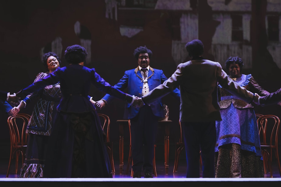 caption: From left to right: Tiffany Townsend (America Robinson), Tyrone Chambers II (Isaac Dickerson), and Ibidunni Ojikutu (Mabel Lewis) in "Jubilee" at Seattle Opera. 