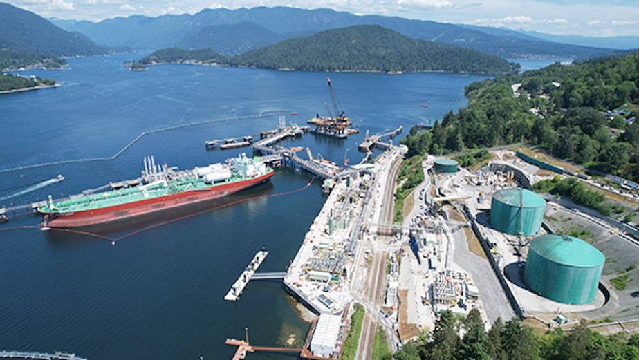 caption: Aerial view of the expanded Trans Mountain oil export terminal in Burnaby, British Columbia. The Westridge Marine Terminal now has three berths, up from one.