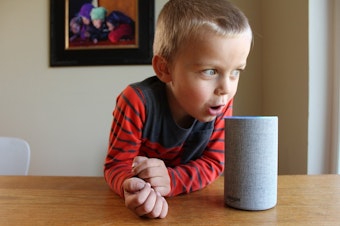 caption: Oscar Pulkkinen, 4, chats with Amazon's Alexa voice assistant through the company's Echo smart speaker.