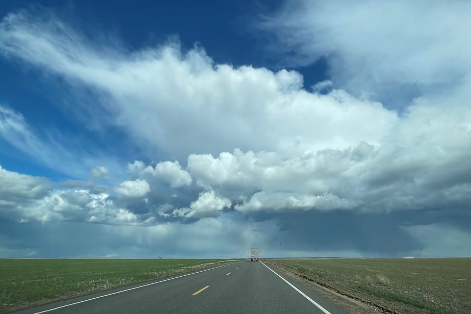 caption: The open road outside Prosser, Washington, April 2023.