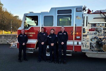 caption: Left to right: Lieutenant Jeff Poff, Firefighter Lucas Hughes, Firefighter Jeff Carroll, and Driver Engineer Paul Smith with the Redmond Fire Department