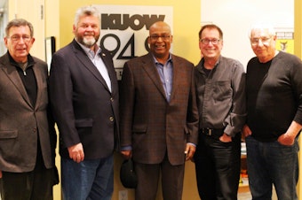 caption: Charles Royer, Greg Nickels, Norm Rice, KUOW's Ross Reynolds and Paul Schell.