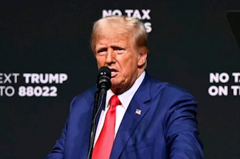 caption: Republican presidential nominee former President Donald Trump speaks at a campaign rally Wednesday in Asheville, N.C.
