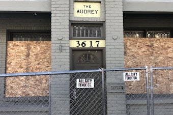 caption: The Audrey apartment building in Seattle's Fremont neighborhood a few weeks after an apartment there caught fire. 