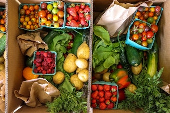 caption: Donated food is seen here in boxes for redistribution.