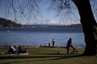 caption: Mt. Rainier is seen from Seward Park on Monday, March 18, 2019, on Lake Washington in Seattle. 