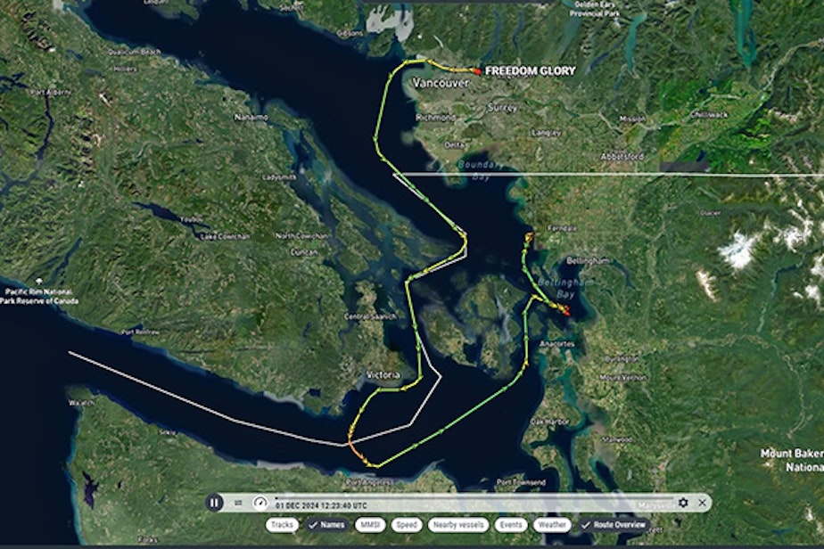 caption: A vessel tracking website captured the circuitous early-December voyage of the oil tanker Freedom Glory, which loaded crude near Vancouver and delivered it to refineries in Skagit and Whatcom counties.