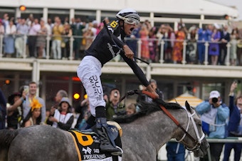 caption: Jaime Torres, atop Seize The Grey, reacts after crossing the finish line to win the Preakness Stakes horse race at Pimlico Race Course on Saturday in Baltimore.