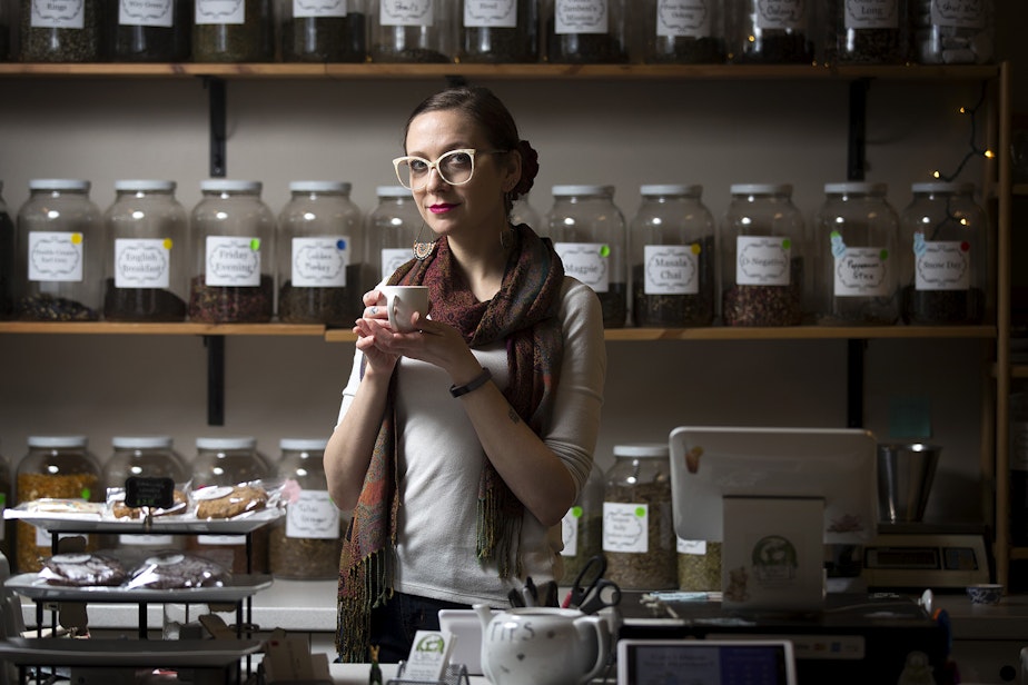 caption: Friday Elliott is portrayed on Tuesday, January 28, 2019, at Friday Afternoon, a tea room along Stone Way North, in Seattle. 