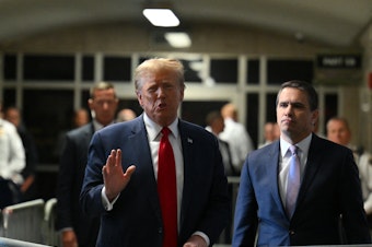 caption: Former President Donald Trump speaks to the press at Manhattan criminal court after a hearing on Feb. 15.