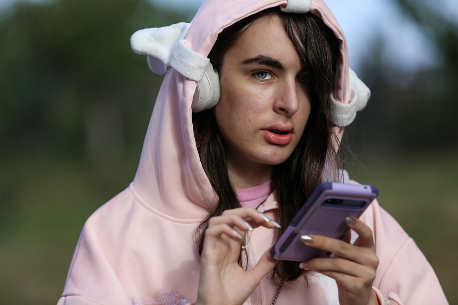 caption: Charlie Rice, a sophomore at Roosevelt High School in northeast Seattle, wore an outfit in sync with his typical style on the first day of school, September 4, 2024. "I just found pieces on Amazon that I like," Charlie said. "My style tends to lean more toward pastels and oversized stuff."