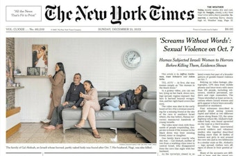 caption: <em>The New York Times</em> report on Dec. 31, 2023, about the deadly Hamas attacks caused a rift in the newsroom. For example, a relative of the late Gal Abdush, whose family is shown above in a large front-page photograph, later voiced doubts, helping to fuel skepticism around the report.