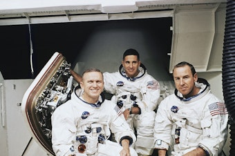 caption: Left to right: Frank Borman, commander of 3-man Apollo 8 crew, William A. Anders and James A. Lovell, Jr., Dec. 21, 1968. 