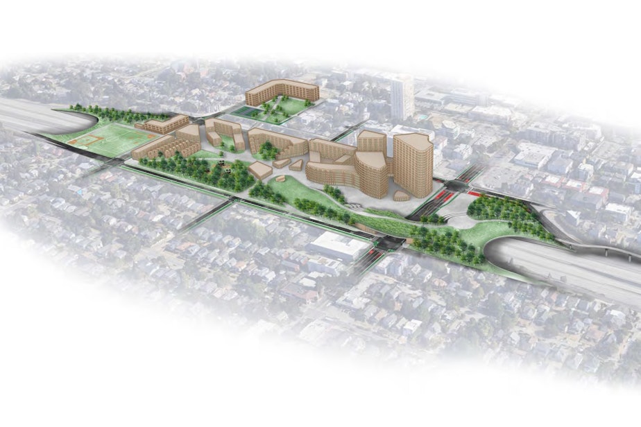 caption: Rendering of a potential U-District Lid from a proposal by UW students Laurel Hicks, Darryl Vallejos, and Austin Bass.