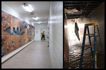 caption: The photo left shows a mural by Haruka Ostley called 'Journey to Peace' on February 5, 2020, during a media tour of the new Clark Children and Family Justice Center on Alder Street in Seattle. The photo on the right is the same hallway on April 24, 2020, after a connection on a six-inch pipe came apart and it flooded the first floor.  