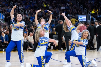 caption: The Hardwood Classics perform at the Chase Center in San Francisco, Calif.