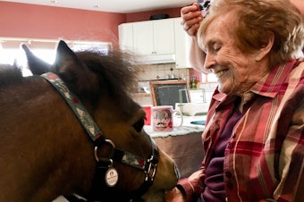 caption: Dorothy Pritchard, 92, gives Trusty, a miniature therapy horse, a carrot on a recent visit to Jamie’s Place, the retirement home in Winthrop, Washington. 