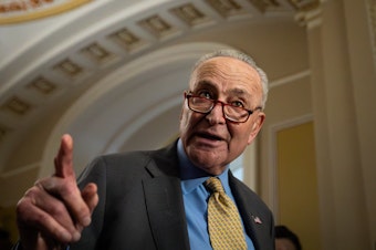 caption: Senate Majority Leader Chuck Schumer, seen here at the U.S. Capitol on May 8, unveiled a roadmap proposal about artificial intelligence on behalf of a bipartisan Senate working group.