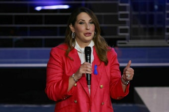 caption: Former RNC Chairwoman Ronna McDaniel, shown at last November's Republican presidential primary debate on NBC. The network hired her and then fired her in the course of a week after a newsroom revolt.