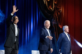 caption: Barack Obama, Joe Biden and Bill Clinton attend a campaign fundraising event in New York on March 28.