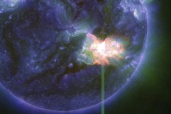 caption: The solar flare as captured by NASA's Solar Dynamics Observatory on Thursday. The flare has triggered a severe geomagnetic storm watch for the first time in nearly 20 years.