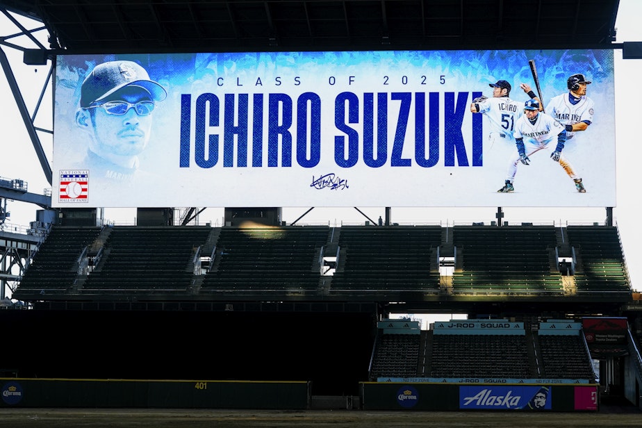 caption: The outfield screen at T-Mobile Park displays a graphic for former Seattle Mariners right fielder Ichiro Suzuki following his election to the National Baseball Hall of Fame Tuesday, Jan. 21, 2025, in Seattle. 