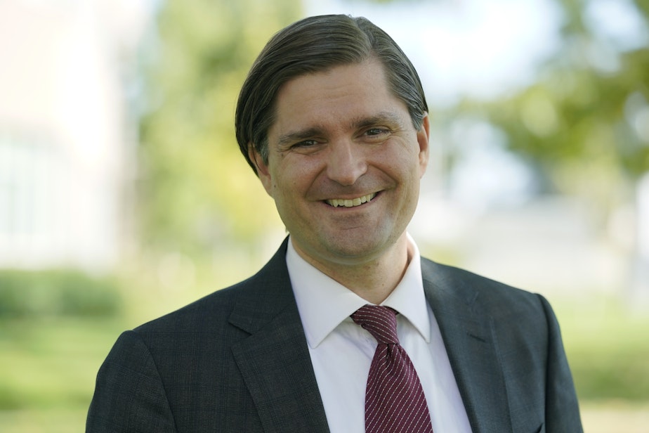 caption: Mike Pellicciotti poses for a photo Tuesday, Oct. 6, 2020, in Federal Way, Wash. 