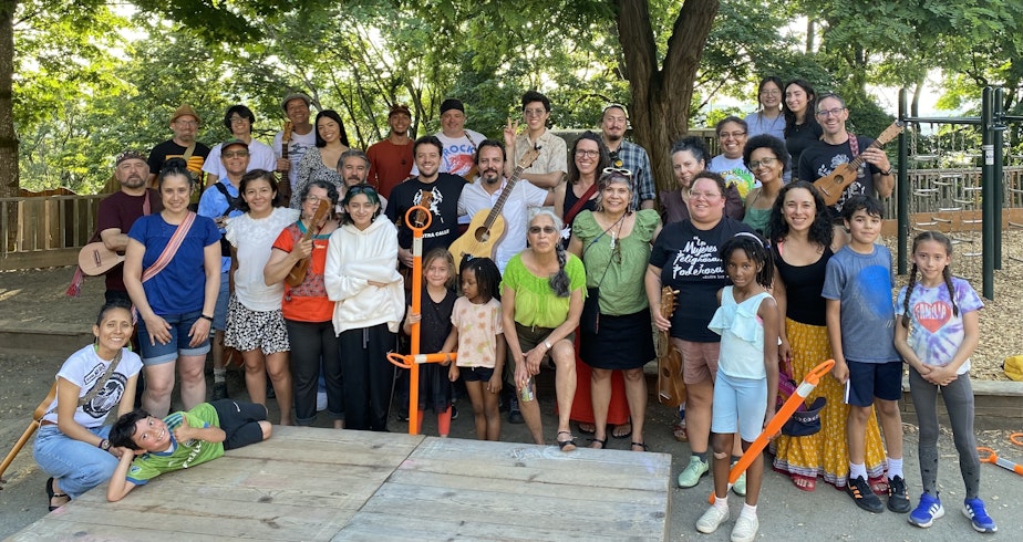 caption: A group photo of some of the members of Seattle Fandango Project.