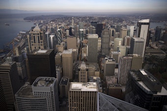 caption: Downtown Seattle is shown on Thursday, October 18, 2018.