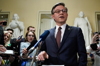 caption: Speaker of the House Mike Johnson speaks to the press after the chamber passed a major aid package for Ukraine, Israel, and Taiwan on April 20.