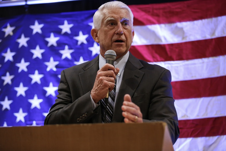 caption: Dave Reichert addresses the Washington State Republican Party, in Bellevue, WA, on Nov. 5.